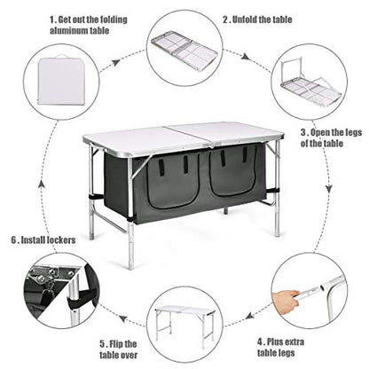 Goplus Folding Camping Table with Storage, Aluminum Outdoor Camp Table with 2-Level Adjustable Height, Lightweight Portable Foldable Picnic Table for Tailgating Beach BBQ Party RV
