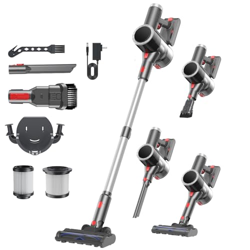 Cordless Vacuum Cleaner, Stick Vacuum Rechargeable, 550W 45KPA Powerful Suction Lightweight Vacuum Cleaners for Home, Anti-Tangle, Self Standing for Pet Hair Hardwood Floor Carpet - Silver - color: Silver Gray