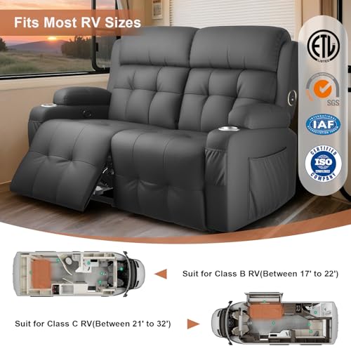 RV Loveseat Recliner Sofa, Reclining Loveseats Couch for RV Furniture, Home Theater Seating with Massage, USB, Insert Pockets, Cup Holders, 150° Wall Hugger RV Recliners Sleeper Sofa - color: Dark Gray, size: Loveseat-G1