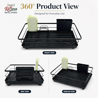 Metal Dish Drying Rack for Kitchen Counter, Black, Sink Organizer with Cutlery Holder, Kitchen Storage and Organization Essentials, for Small Kitchen,11.8 x 15.7 Inch