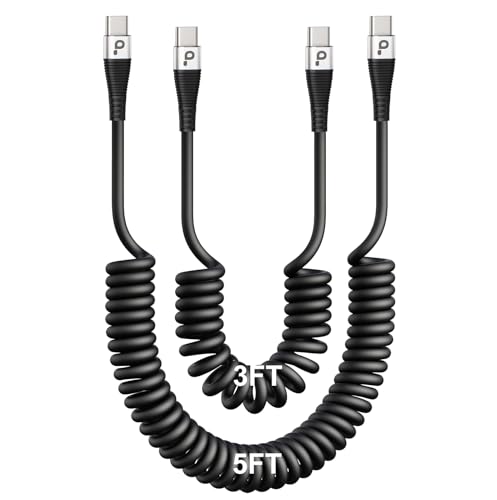 Coiled USBC to USBC Cables for Car 3FT/5FT, USB C to USB C Fast Charging Cables Short Type C Cord for iPhone 17/16/15/Pro/Plus/Pro Max/Samsung Galaxy S23, Compatible All Type C Devices-Silver 2Pack - color: Silver, size: 3FT/5FT, style: USB C to USB C