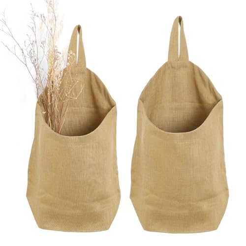 100% Linen Hanging Storage Bags Baskets 2 Pcs, Small Wall Storage Bag for Kitchen, Bedroom, RV Camper Organizer, Sewing Room, Nursery Storage, Kids Room, Dark Yellow - color: Dark Yellow