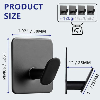 Adhesive Black Hooks - Stainless Steel Wall Hooks Hanger for Hanging Towel Coat Hat Shower Hooks, 304 Metal Robe Hook Rack Stick on Toliet Bathroom Bedroom Office or Kitchen Wall Mount (4 Packs) - color: Black