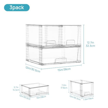 Vtopmart 3 Pack Stackable Storage Drawers, Easily Assemble Clear Plastic Organizer Bins, 1 Wide Drawer and 2 Medium Drawers for Pantry, Kitchen Cabinet, Bathroom, Closet Organization and Storage - style: 1 Wide+2 Medium