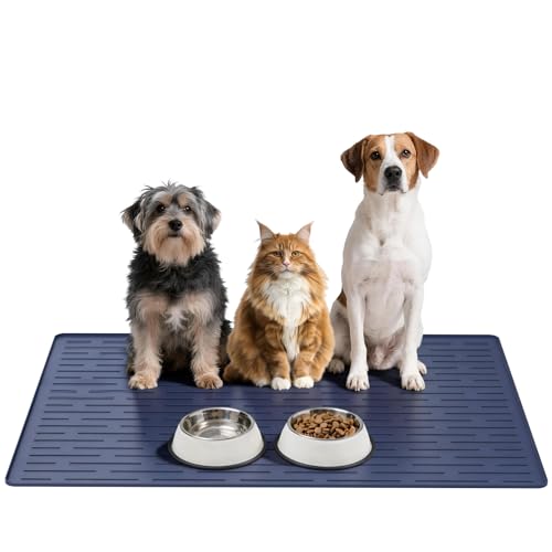 Large Dog Mats for Food and Water, 32"x24" Waterproof Pet Food Mats for Floor Nonslip Silicone Bowl Mats with Raised Edges - color: Blue, size: 32"L x 24"W