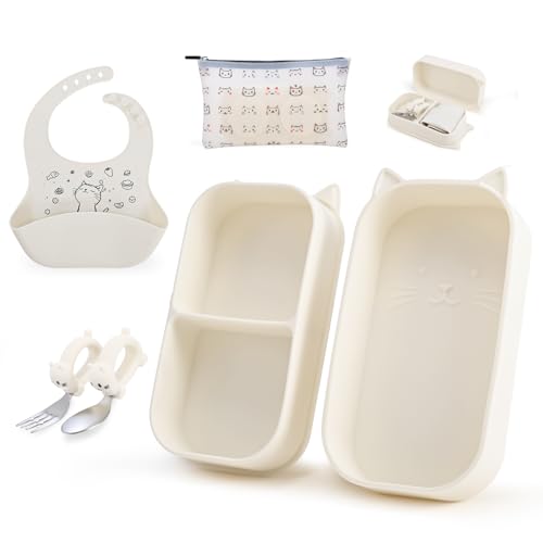 Baby Travel Essentials 6 Pc Feeding Set - Cute Cat Toddler Plates with Suction, 304 Stainless Steel Spoon & Fork, Foldable Silicone Bib in Travel Case - BPA-Free Airplane Travel Gear (Beige) - color: Beige