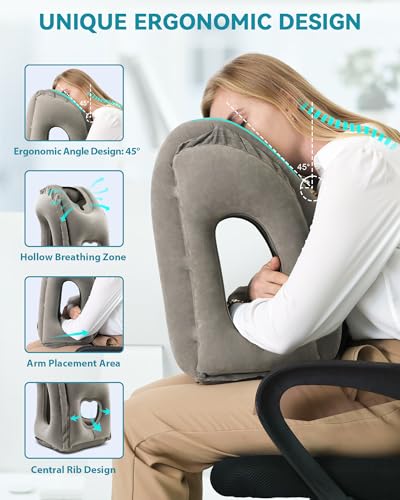 Inflatable Travel Pillow, Airplane Neck Pillow Comfortably Supports Head and Chin for Airplanes, Trains, Cars Office Napping on The Tray Table (Grey) - color: Grey(standard)