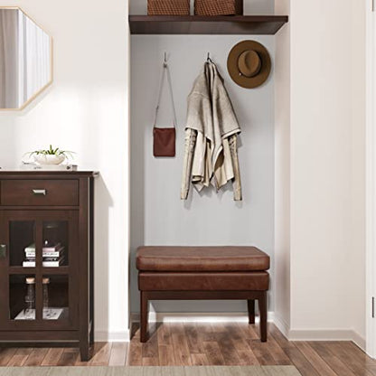 SIMPLIHOME Carlson Small Ottoman Bench - 27 inch Wide Upholstered Woven Fabric Rectangle Ottoman in Distressed Saddle Brown, Mid Century Modern Bench for Bedroom or Living Room with Padded Seat - color: Distressed Saddle Brown, style: Small Ottoman Bench