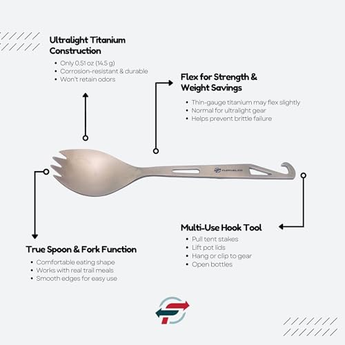 FlipFuel Titanium Spork – Ultralight Backpacking & Camping Utensil, Reusable Travel & EDC Spork with Multi-Function Hook