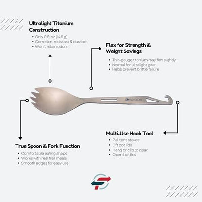 FlipFuel Titanium Spork – Ultralight Backpacking & Camping Utensil, Reusable Travel & EDC Spork with Multi-Function Hook