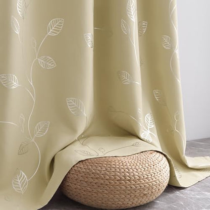 BUHUA Room Darkening Curtains 63 Inch Length, Window Treatments for Living Room Grommet Curtains with Silver Leaf Foil Design (52 x 63 Inch,Beige,Set of 2) - color: Silver Leaf /Beige, size: 52"W x 63"L (Pack of 2)