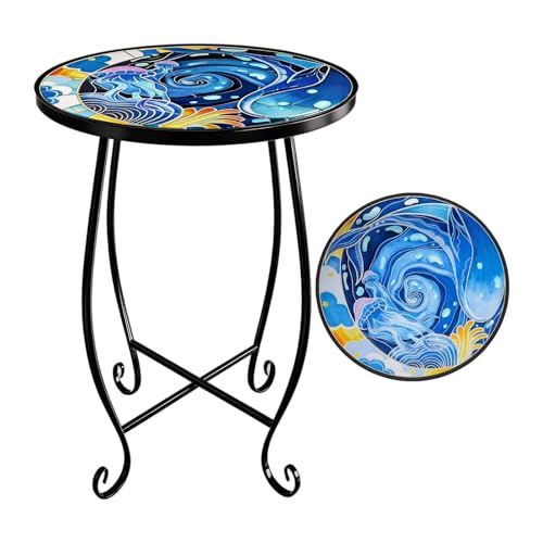 15 Inch Jellyfish Mosaic Side Table (1 PC) - Small Outdoor Round Folding Table with Weather-Resistant Metal Frame, Coastal Accent End Table for Patio, Garden, Balcony, Backyard - color: Ocean