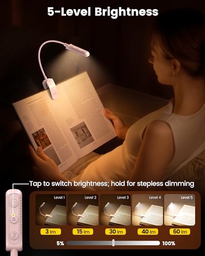 Glocusent 13 LED Rechargeable Book Light for Reading at Night, Eye-Caring 3 Amber Colors & Stepless Dimming, Lasts 1 Week to 2 Months, Travel Clip on Lamp, Gifts for Book Lovers, Men, Women & Kids - color: Pink