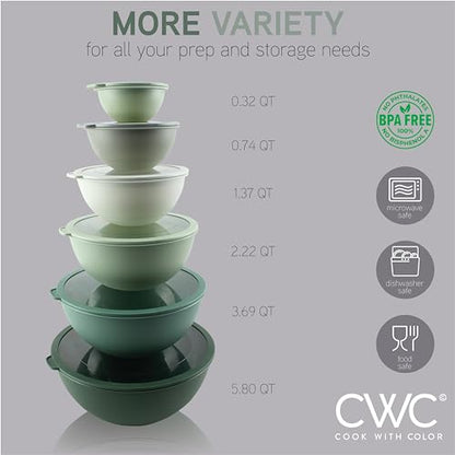 COOK WITH COLOR Mixing Bowls with Lids - 12 Piece Plastic Nesting Bowls Set includes 6 Prep Bowls and 6 Lids, Microwave Safe Mixing Bowl Set, Sage Tritan Lid - color: Sage Tritan Lid