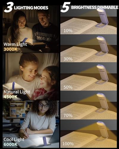 HEMONNKAM Book Reading Light, 2 Pack Rechargeable Clip on Booklight, Eye Caring 3 Color Temperatures & 5 Brightness Levels, Night Use for Bed, Long Lasting, Reading at Night in Bed, Purple+Black - color: Purple+Black