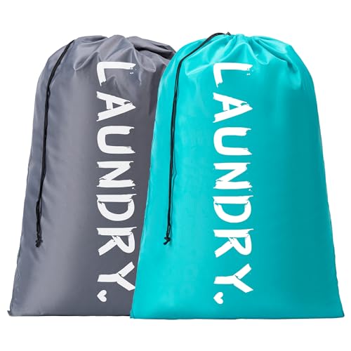 2 Pack XL Travel Laundry Bag, Machine Washable Dirty Clothes Organizer with Drawstring,Large Enough to Hold 4 Loads of Laundry, Easy Fit a Laundry Hamper or Basket Travel Essentials 24" x 36" - color: Blue+Grey, size: 24"x36" |2 Pack