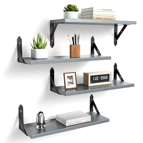 ROMGUAR CRAFT Wood Floating Shelves Set of 4, Rustic Storage Decor Wall Shelves, Wall Mounted Shelf for Living Room, Bedroom 17" x 6", Grey - color: Grey, size: 17" x 6"