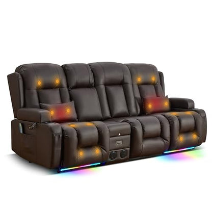 TUNYI Power Loveseat Recliner Sofa with Massage & Heat Home Theater Seating with Console RV Recliner Loveseat Sofa with USB/Storage/Side Pocket/LED Light/Speaker (Brown, 3 Seat with Console) - color: Brown, size: 3 Seat with console