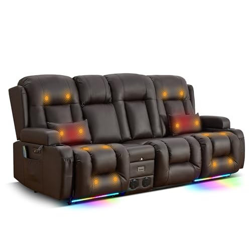 TUNYI Power Loveseat Recliner Sofa with Massage & Heat Home Theater Seating with Console RV Recliner Loveseat Sofa with USB/Storage/Side Pocket/LED Light/Speaker (Brown, 3 Seat with Console) - color: Brown, size: 3 Seat with console