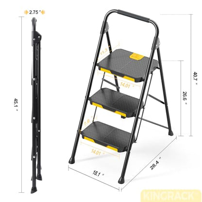 KINGRACK 3 Step Ladder, Sturdy Steel Step Stool with Safe-Lock Design, Handrail, Anti-Slip Wide Pedals, Pass 800lbs Load Testing, Folding Portable Ladder for Multi-Purpose, Home, Kitchen, Black - size: 3-Step