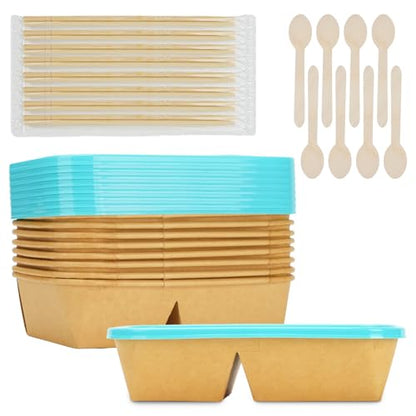 8 Pack 32oz Paper Lunch Box Bento Boxes, 2-Compartment Kraft Brown Paper Take Out Food Containers with Lids, Leakproof & Microwave Safe, Disposable To Go Boxes for Picnics, Offices, Catering, Blue - color: Blue Lid & Kraft Brown Box