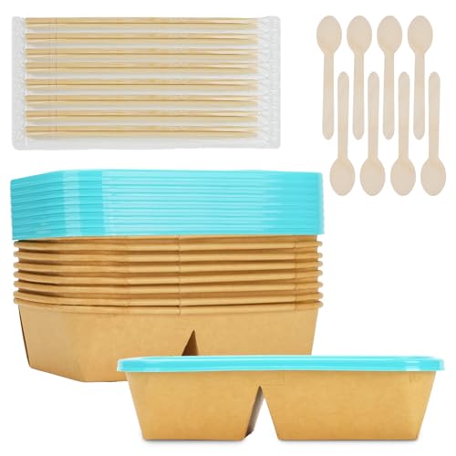 8 Pack 32oz Paper Lunch Box Bento Boxes, 2-Compartment Kraft Brown Paper Take Out Food Containers with Lids, Leakproof & Microwave Safe, Disposable To Go Boxes for Picnics, Offices, Catering, Blue - color: Blue Lid & Kraft Brown Box
