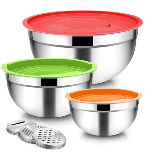 TeamFar Mixing Bowls, Stainless Steel Nesting Salad Bowls with Lids Set & 3 Grater Attachments, For Mixing/Serving/Storing, Non-toxic & Long-lasting, Size 4.6/3 / 1.5 QT, Colorful - color: Multicolor, style: Airtight Lids