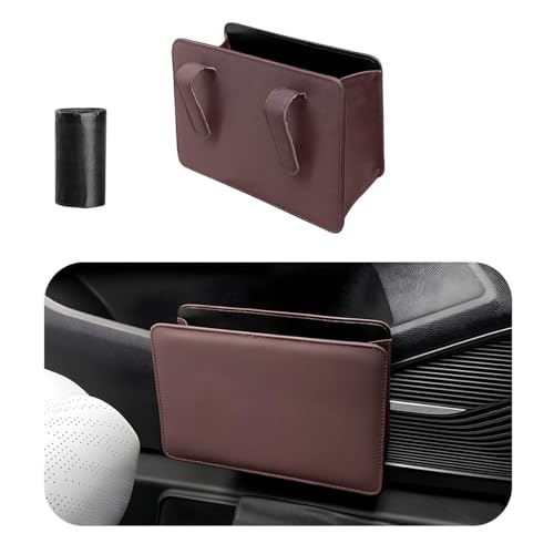 Yourkar Car Trash Can, Foldable Waterproof Leather Car Garbage Organizer Holder, Automotive Mini Dustbin Container with One Roll Trash Bag, Universal Interior Car Accessories (Dark Brown) - color: Dark Brown, S