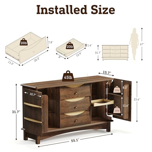 STO'SENSE Buffet Cabinet with Stroage, Large Sideboard Buffet Cabinet w/ 3 Drawers, Solid Wood Handle, Modern Coffee Bar Station w/ 2 Doors, Concealed Storage Shelves & Sliding Tray (Walnut)