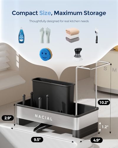 Nacial Kitchen Sink Caddy Organzier with High Brush Holder, Sponge Holder for Kitchen Sink with Two Towel Racks - Rustproof 304 Stainless Steel Kitchen Countertop Storage Essentials - color: Black