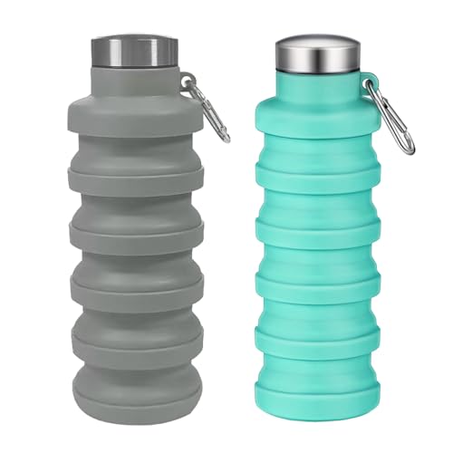 Collapsible Water Bottles,16oz Capacity Portable Reusable Silicone Water Bottle,Leak-proof,with buckle,foldable storage,Lightweight Durable for Fitness,Cycling,Sports,Camping,Hiking (Grey+Green) - color: Grey+Green