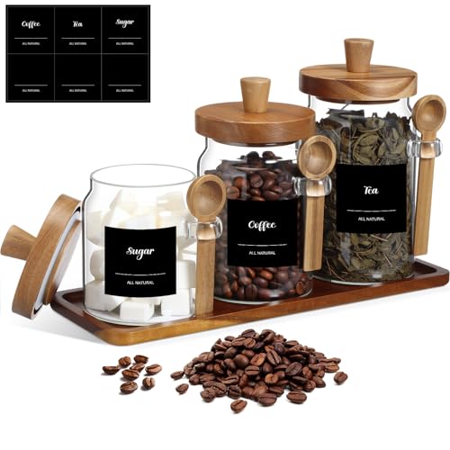 Suclain 3 Pcs Glass Coffee Container with Wooden Lid Spoon Shelf Labels Clear Airtight Jar Food Storage Canister Set for Sugar Spice Coffee Bean Holder Housewarming Gift(13.5,20,25 oz,Acacia Brown) - size: 13.5,20,25 oz