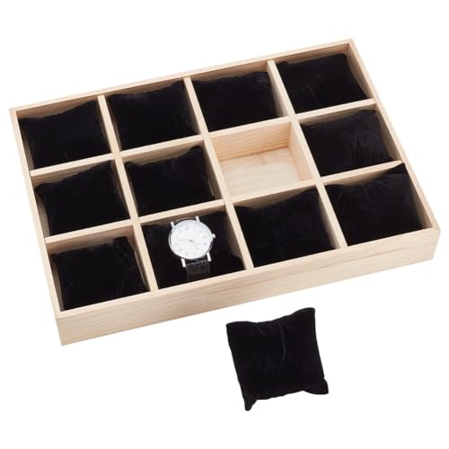 PH PandaHall 12 Slot Wooden Watch Organizer Tray Display Holder with Removable Velvet Pillows, Stackable Jewelry Bracelet Storage Tray for Drawer Showcase, Black - color: Black