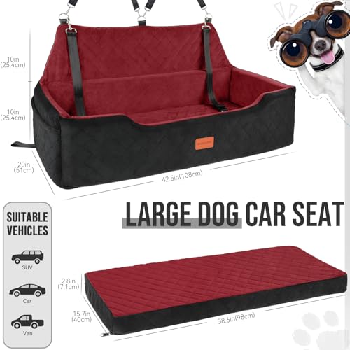 HEGGCOOE Large Dog Car Seat Under 100 lbs, Washable Dog Car Bed for 2 Medium Dogs, Detachable Pet Booster Seat with Storage Pocket and Seat Belt for Back Seat - color: Black/Red