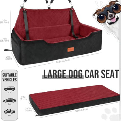 HEGGCOOE Large Dog Car Seat Under 100 lbs, Washable Dog Car Bed for 2 Medium Dogs, Detachable Pet Booster Seat with Storage Pocket and Seat Belt for Back Seat - color: Black/Red