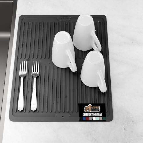 GORILLA GRIP 100% BPA-Free Patented Silicone Dish Drying Mat for Kitchen Counter, Water Catching Ribbed Design, Easy Clean Waterproof Sink Liner, Heat Resistant, Fits Under Rack, 12x16 Inch, Black - color: Black, size: 16" X 12", style: Silicone
