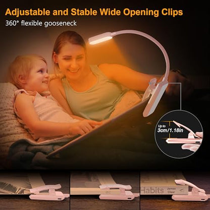 Gritin 16 LED Rechargeable Book Light for Reading in Bed- Eye Caring 3 Color Temperatures, Stepless Dimming Brightness, 80 Hrs Runtime, Lightweight Flexible Clip on Light for Book Lovers-Pink | Eye Caring 3 Color Temperatures, Stepless Dimming Brightness,