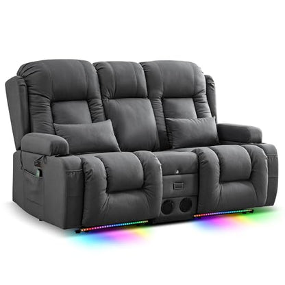 TUNYI Power Loveseat Recliner Sofa with Massage & Heat Home Theater Seating with Console RV Recliner Loveseat Sofa with USB/Storage/Side Pocket/LED Light/Speaker (Dark Grey, Loveseat) - color: Dark Grey, size: 2 Seat
