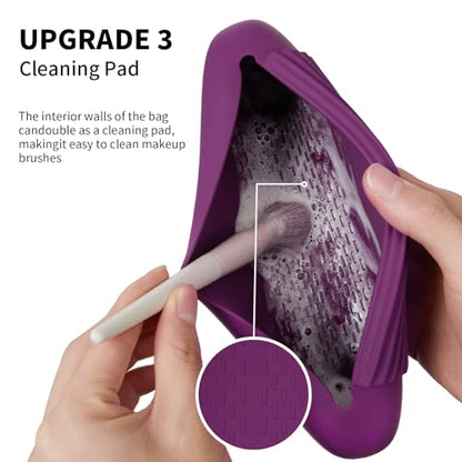 AGIKET 2 IN 1 Silicone Makeup Brush Holder with Beauty Make Up Sponge Holder Case：Soft Portable Cosmetic Face Brushes Holder with Upgrade Anti-Fall Out Magnetic Closure - Dark Pruple - color: Dark Pruple, style: Brush Holder & Case