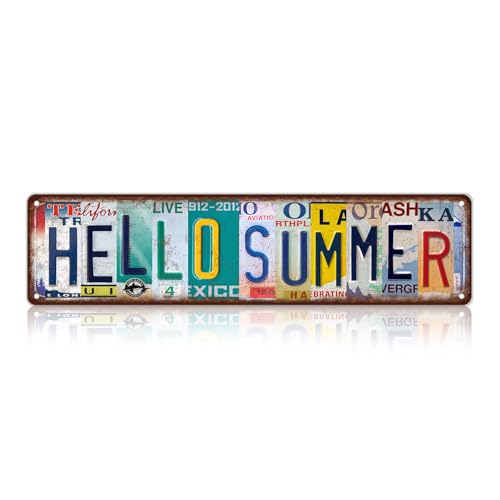 Vintage Hello Summer Metal Tin Signs Street Signs | Man Cave Wall Decor 16 x 4 Inches - color: Hello Summer