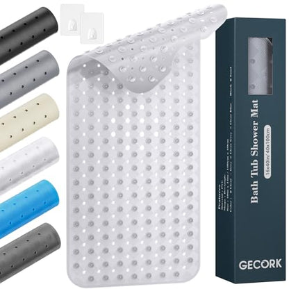 Gecork Bathtub Mat Non Slip with 2 Hooks, 40"x16" Extra Large Bath mat for Tub & Shower, Anti Slip, Machine Washable, Soft & Comfortable for Families, Clear