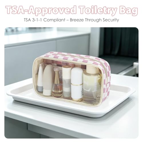 Fammart Clear Travel Makeup Bag for Women, TSA Approved Checkered Cosmetic Bag Make Up Car Organizer Case with Zipper, Large Waterproof Pouch Purse Toiletry Bag for Skincare, Brushes Travel Essentials - color: Clear, 2PCS - Dusty Pink Checkered
