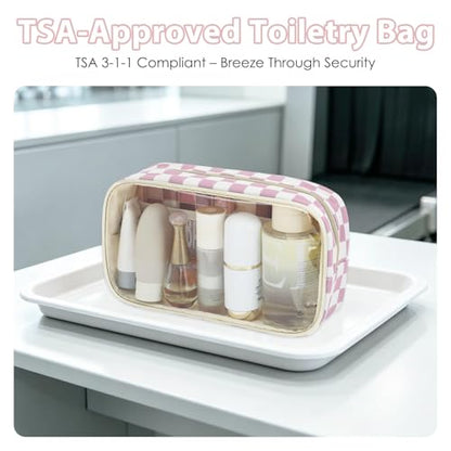 Fammart Clear Travel Makeup Bag for Women, TSA Approved Checkered Cosmetic Bag Make Up Car Organizer Case with Zipper, Large Waterproof Pouch Purse Toiletry Bag for Skincare, Brushes Travel Essentials - color: Clear, 2PCS - Dusty Pink Checkered