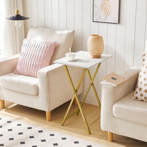 HOOBRO Folding TV Tray Tables, Set of 4 TV Trays with Storage Rack, Industrial Side Table for Eating at Couch, Foldable Snack Table for Small Space, Easy Assembly, Marble and Gold DM50BZ01 - color: Marble + Gold