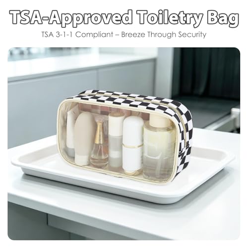 Fammart Clear Travel Makeup Bag for Women, TSA Approved Checkered Cosmetic Bag Make Up Car Organizer Case with Zipper, Large Waterproof Pouch Purse Toiletry Bag for Skincare, Brushes Travel Essentials - color: Clear, 2PCS - Black Checkered