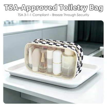 Fammart Clear Travel Makeup Bag for Women, TSA Approved Checkered Cosmetic Bag Make Up Car Organizer Case with Zipper, Large Waterproof Pouch Purse Toiletry Bag for Skincare, Brushes Travel Essentials - color: Clear, 2PCS - Black Checkered