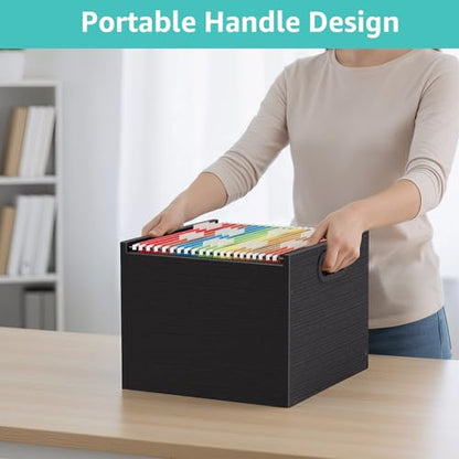 ROSONG Black Wood File Organizer Box - Filing Bin for Letter & A4 Size Wood Decorative Hanging File Folders Storage Crate with Handle, Sturdy Home Office Filing Cabinet System