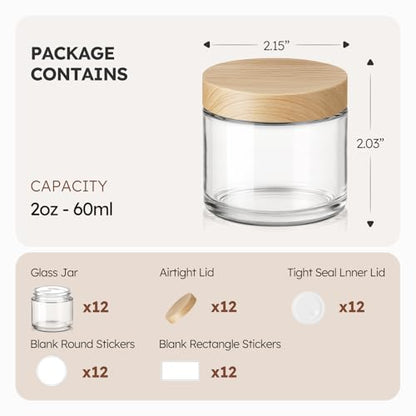 12 Pack 2 OZ Glass Jars with Lids, Small Glass Containers with Plastic Woodgrain Lids & Inner Liners, Reusable Travel Containers for Creams, Makeup, Lotion, Cosmetic, Ointment - color: Clear-12Pcs 2 Oz