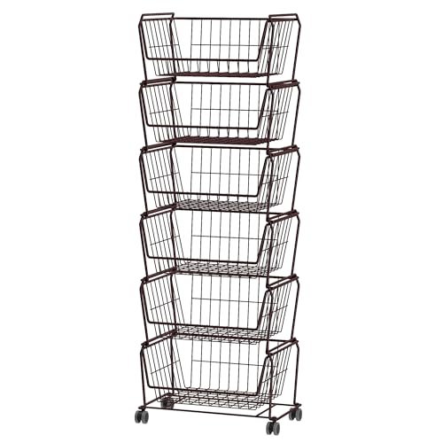 PUSDON 6-Tier Tall Stackable Wire Storage Baskets with Wheels, Vertical Metal Rolling Utility Cart, High Capacity Produce Basket for Kitchen Pantry, Snack Organizer, Vintage Bronze - color: Vintage Bronze, size: 6 Tier Standard