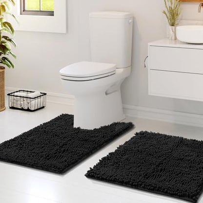 Hearth & Harbor Bathroom Rugs, Chenille Bath Mat - Machine Washable Bath Mats for Bathroom Non-Slip Backing Rubber, Quick Dry Bathroom Mat - Black 17x24-20x24 - color: Black, style: 17 x 24 + 20 x 24